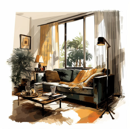 Living room clipart in the style of Chiaroscuro Art, on white background