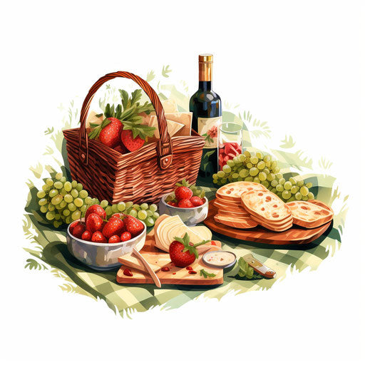 Picnic illustration in the style of Chiaroscuro Art, on white background