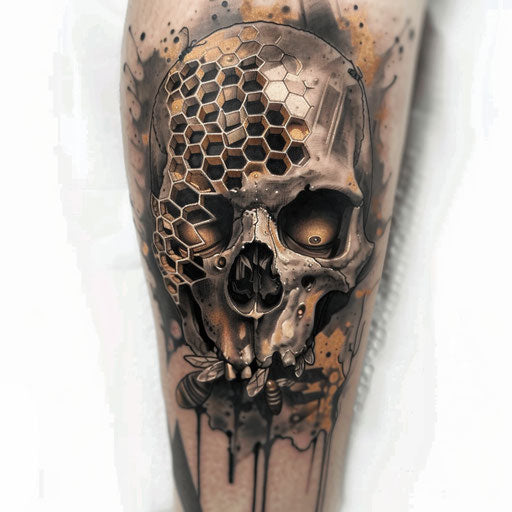 Gothic style honey tattoo of a skull with honeycombs for eyes