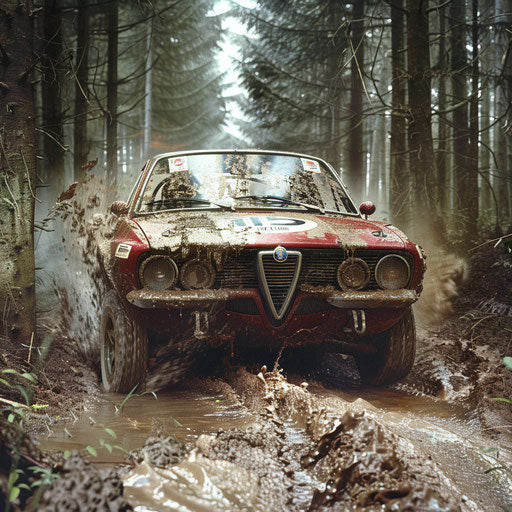 Vintage Alfa Romeo Alfasud rally car covered in mud racing through dense forest rally stage