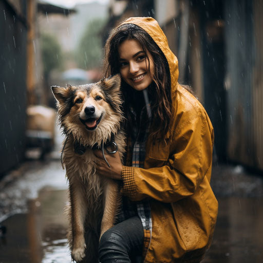 Attractive girl in rain with a dog, earth tones