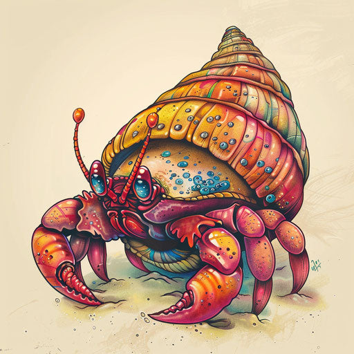 Whimsical tattoo sketch of a cartoon hermit crab in a colorful shell