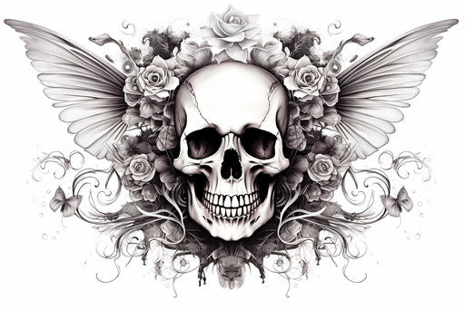 Black and white ornate skull and wings tattoo design style