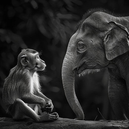 Poignant moment between monkey and wise elephant
