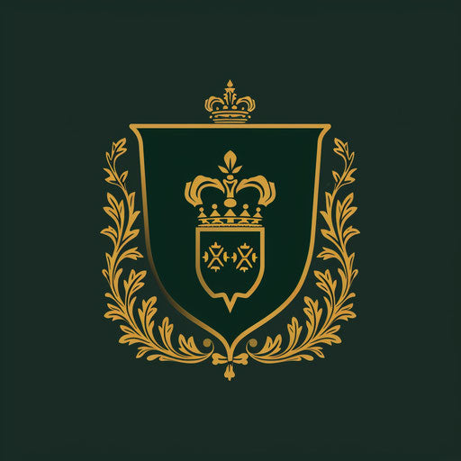 Classic business logo with a traditional serif font and a crest icon, in dark green and gold