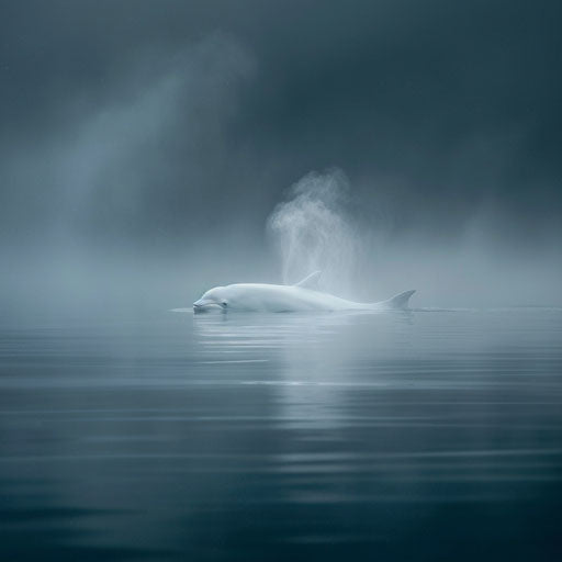 Beluga whale navigating through dense aquatic fog