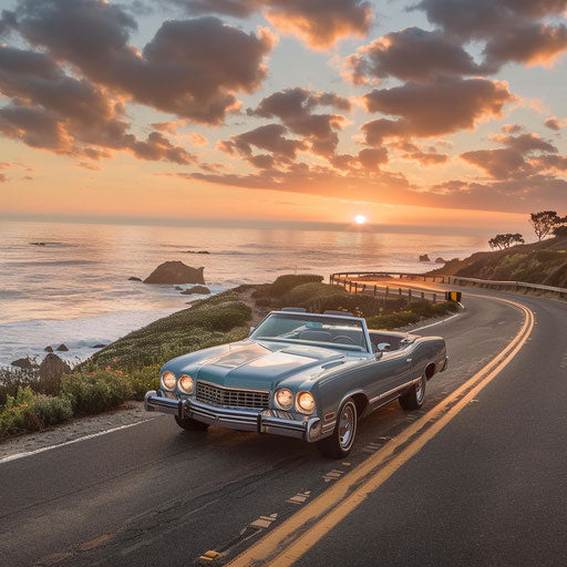 1976 Classic Malibu transformed into a classy convertible driving along a beach road at sunrise