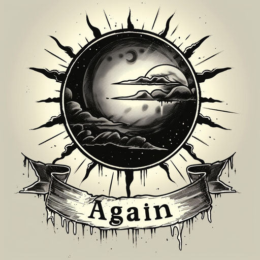 Eclipse with 'Rise Again' banner, muted tones, clipart style