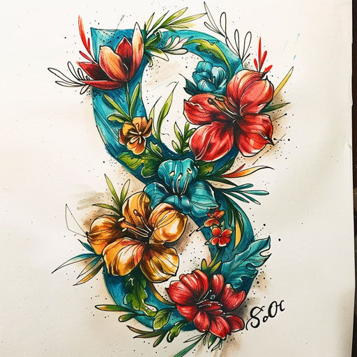 Vibrant xo tattoo sketch with floral accents and bold colors