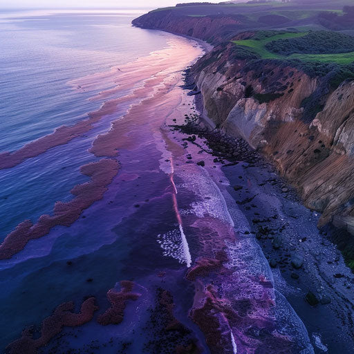 Aerial view of a coastal area where jellyfish bloom, turning the sea pink and purple, visible from cliffs