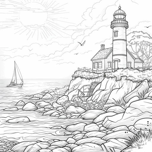 Lighthouse on rocky coast at dusk