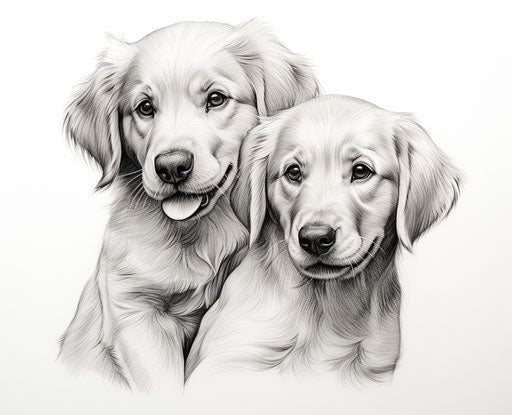 Simple line drawings of realistic dogs, white and gold