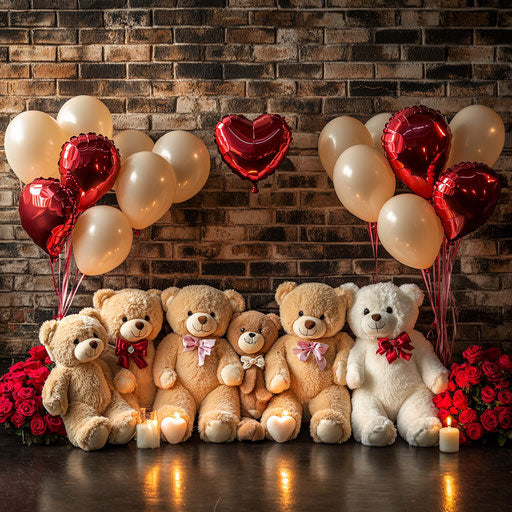 Arch of plush teddy bears with heart balloons