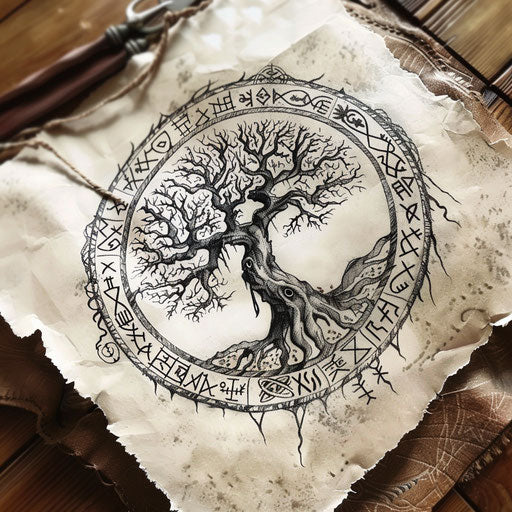 Nordic tree of life tattoo sketch with runes and motifs