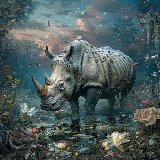 Rhinoceros in a surreal and dreamy landscape