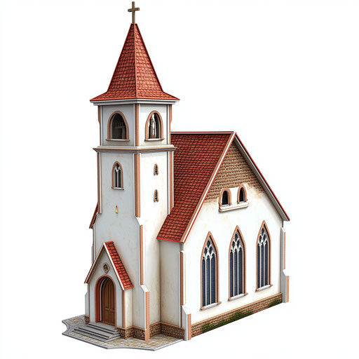 3D church on white background, photo realistic style