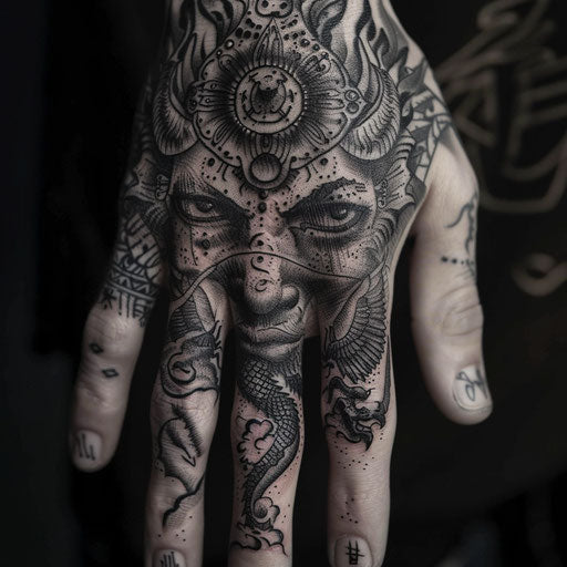 Finger tattoo depicting mythological symbols