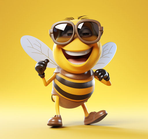 A sun dressed smiling bee holding sunglasses