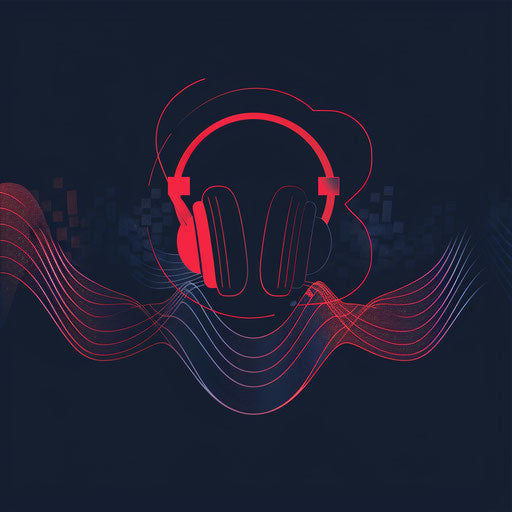 Audio logo in navy and red with a dynamic background