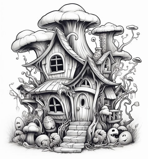 Coloring pages of a vampire, witch and dwarves in the Halloween house