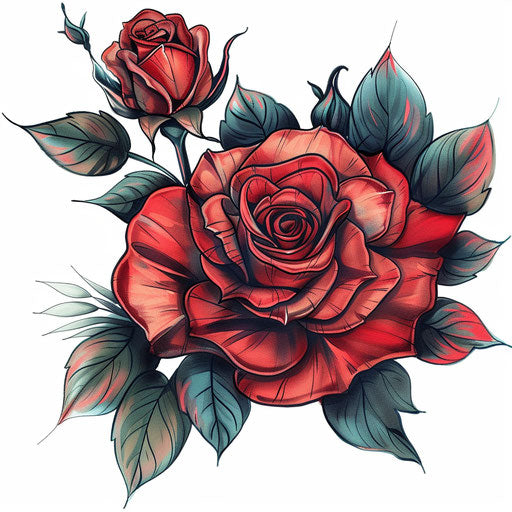 Vibrant red rose tattoo sketch with dark green leaves in flat style