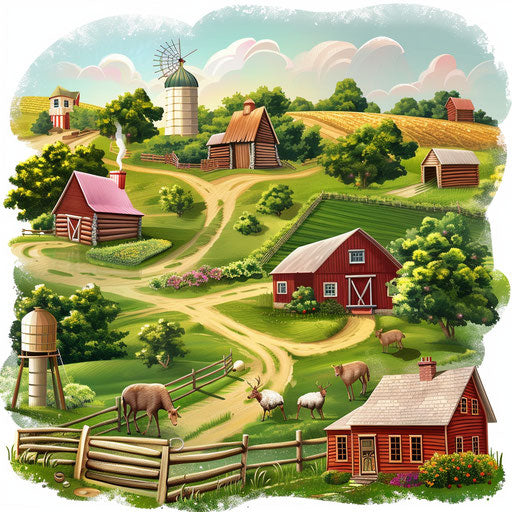 Farm illustration with random background, glossy finish
