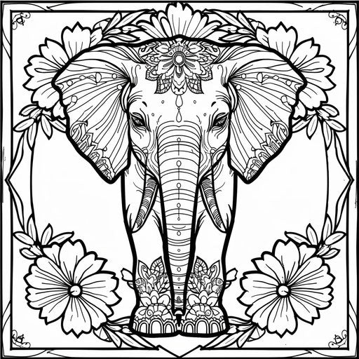 Mandala elephant with floral designs in the style of Mindy Sommers coloring book page