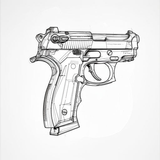 Minimalist tattoo design concept of modern handgun on white