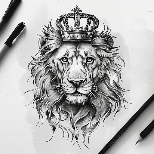 Modern minimalist clipart style flat tattoo sketch of a lion with a crown