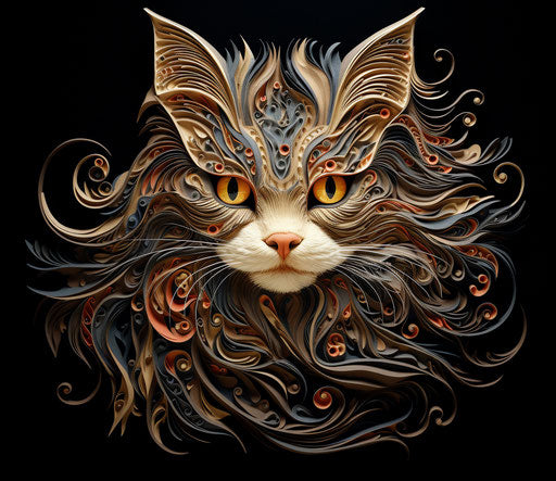Long haired cat on black background, light brown and maroon style