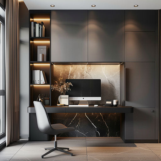 Sleek home office in black and white with built-in cabinets
