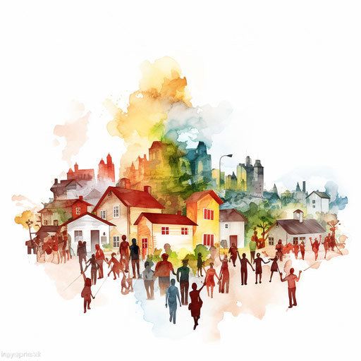 Community illustration in the style of oil painting, on white background