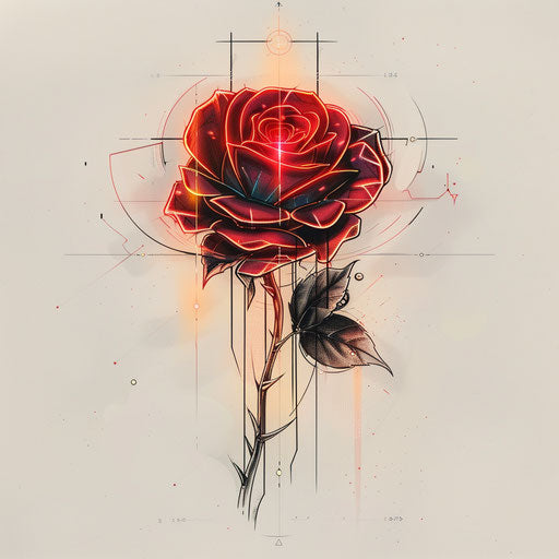 Futuristic tattoo sketch of a red rose with neon outlines and cyberpunk elements