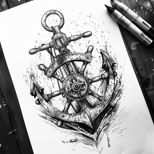 Drawing of a classic sailor's helm tattoo design