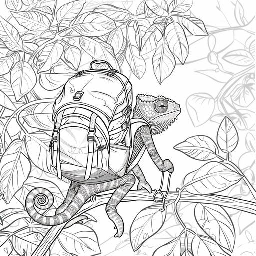 Whimsical chameleon exploring the jungle with a backpack