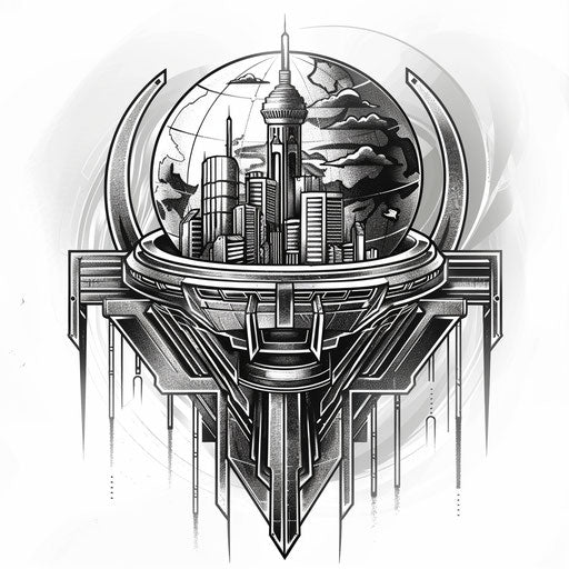 Stylized flat tattoo sketch of an Art Deco globe in black and silver