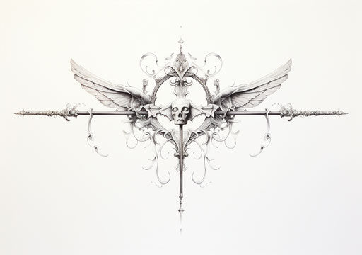 White ink drawing of crossbow and arrow, neoclassical style