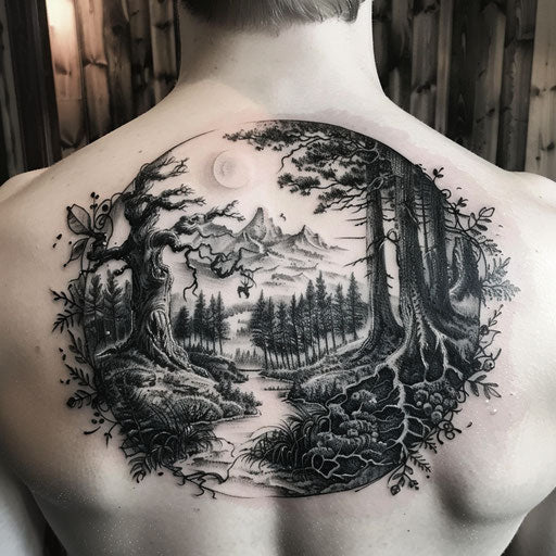 Nature tattoos with epic fantasy, in the style of Peter Jackson