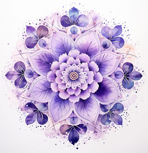 Detailed violet mandala with flowers and leaves