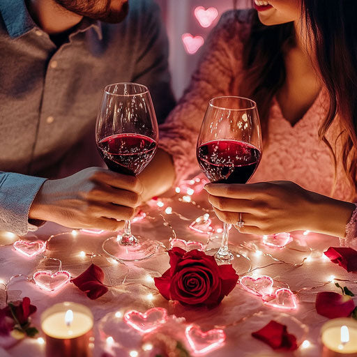 Romance at table with heart-shaped lights and roses