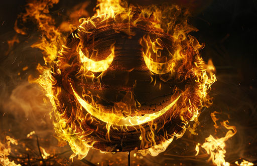 Fiery smiley face with sad eyes in flames