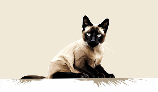 Siamese cat on white background, dark maroon and light beige style