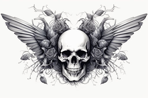 Ornate tattoo design with skull and wings in insect-inspired style