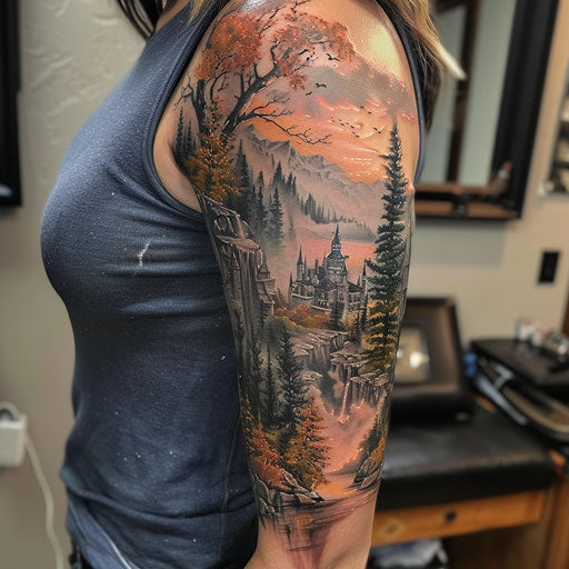 Fantasy landscape cover up tattoo in the style of David Palumbo