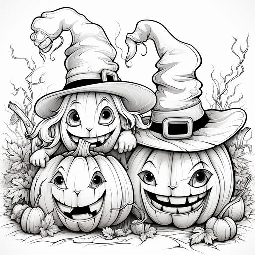 Pumpkins with hats coloring pages, rok stock, in the style of captivating character caricatures