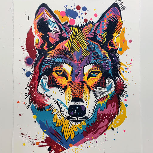 Stylized tattoo sketch of a lobo with pop art influences and vibrant patterns
