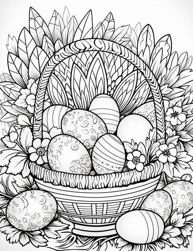 Easter egg basket coloring page, characterful pen and ink style, striped arrangements, lush and detailed