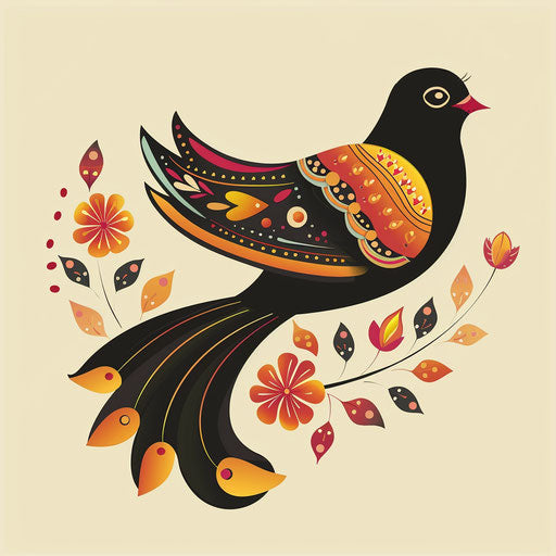 Vibrant flat tattoo sketch of bird silhouette with traditional motifs