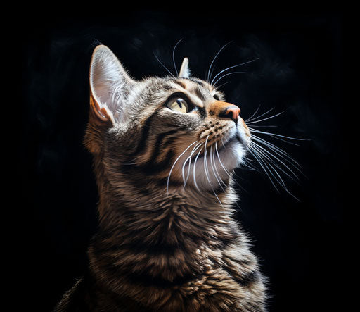 Cat looking up on black background