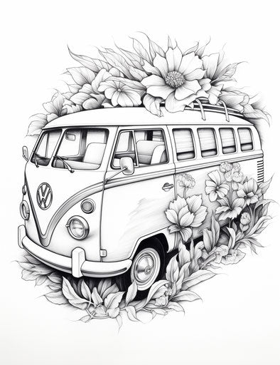 Floral print of a vw bus, clean and sharp inking, detailed fantasy art